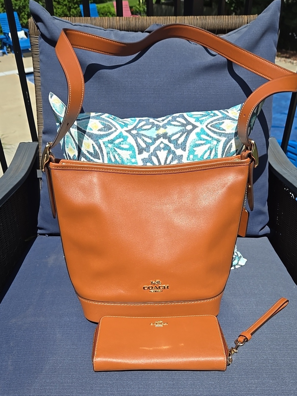 Coach Saddle Brown Leather Bucket Shoulder Bag with Wallet